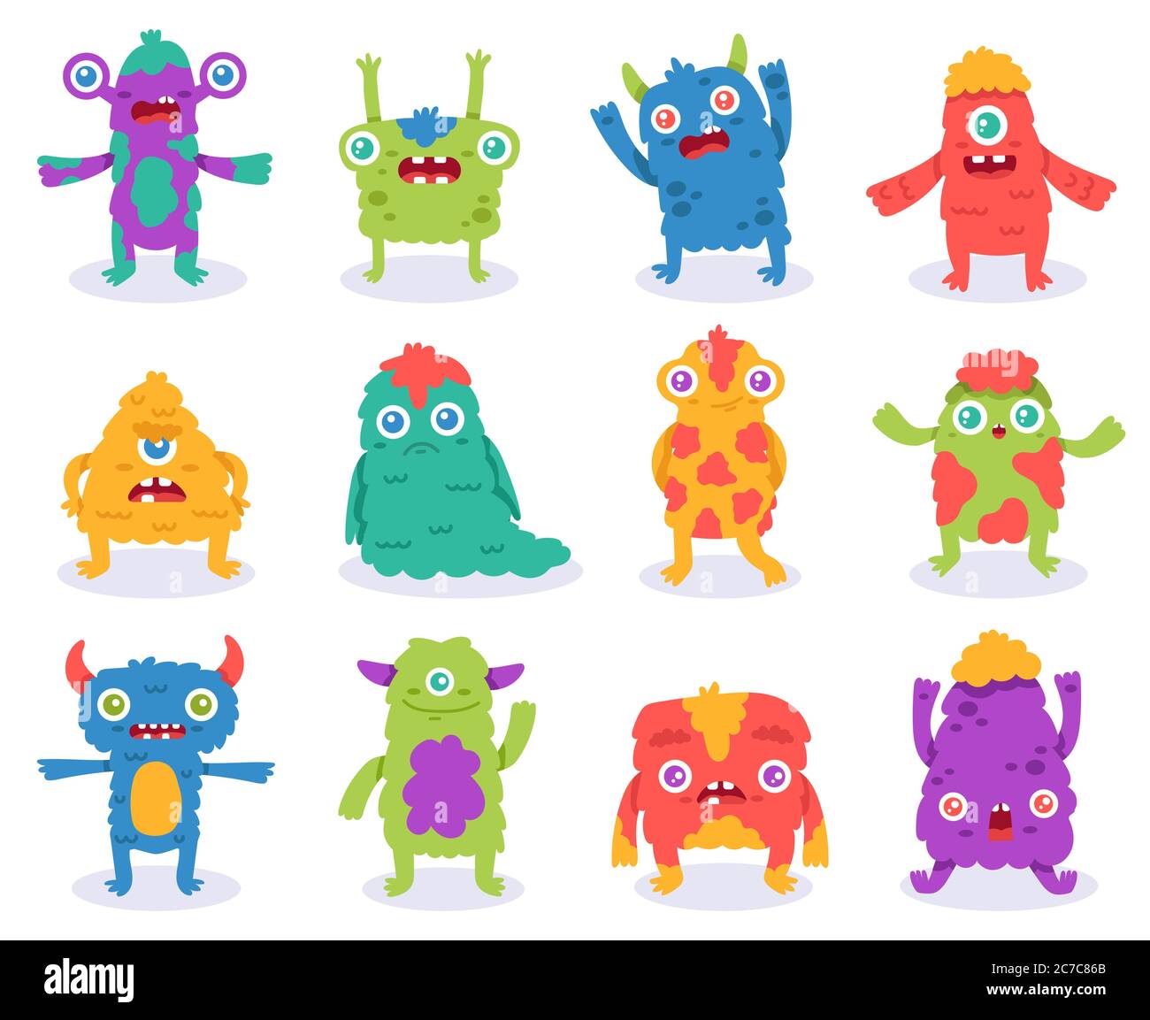 Cute monsters. Halloween cartoon monsters characters, funny fluffy creature, gremlin or alien, spooky monsters mascots vector illustration set Stock Vector