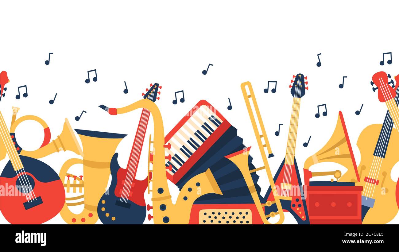 Musical instruments banner. Music guitar, violin and vintage accordion, jazz acoustics music instruments vector illustration Stock Vector