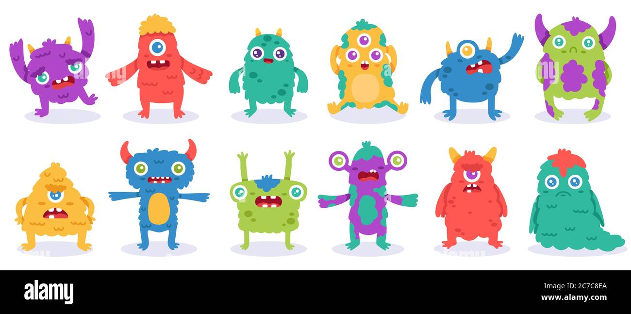 Cartoon monster characters. Halloween funny monsters, cute fluffy alien mascots, silly gremlin monsters, spooky creatures vector illustration set Stock Vector