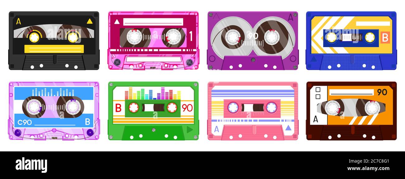 Audio record tapes. Retro 90s music cassette, vintage music mix audio cassette, 80s audio tape isolated vector illustration icon set Stock Vector