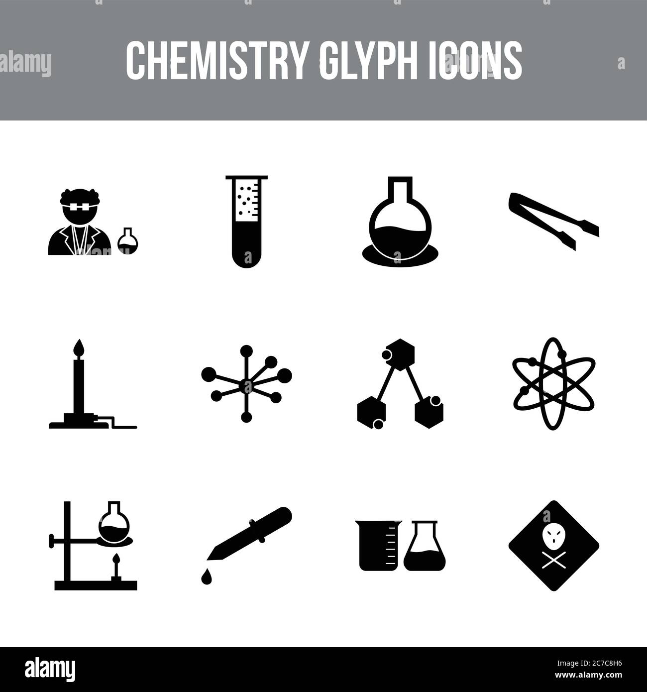 Unique chemistry vector glyph icon set Stock Vector