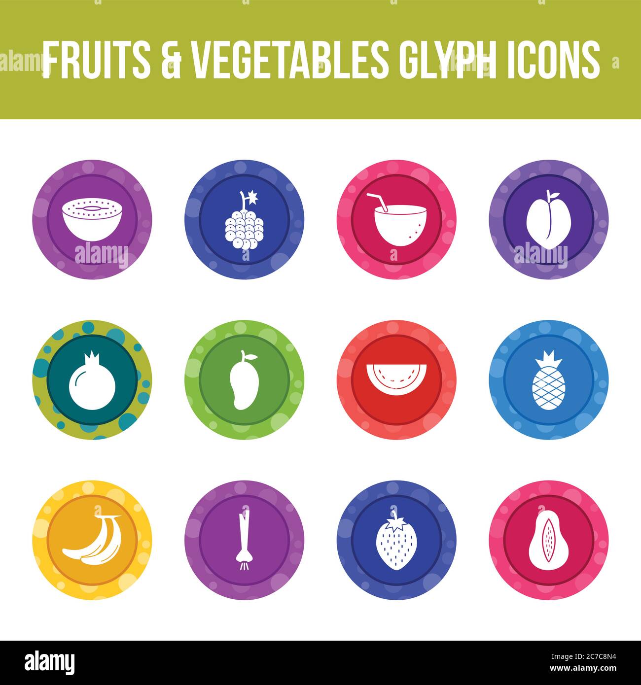 Unique fruits & vegetables vector glyph icon set Stock Vector