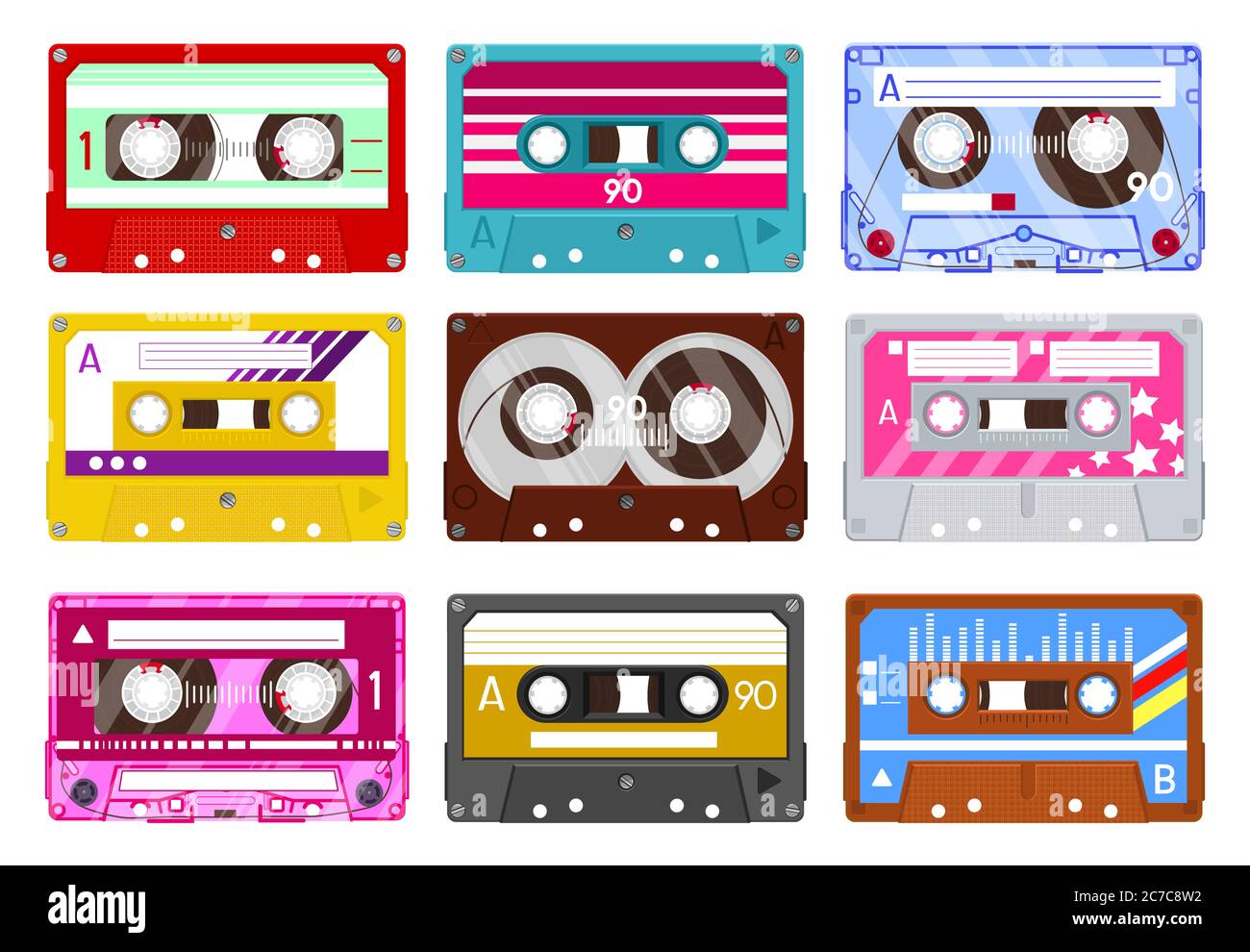 Retro audio cassette. Vintage audio tape, 90s music cassette, analogue 80s stereo audiocassette isolated vector illustration icon set Stock Vector