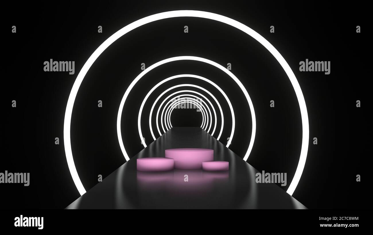 Abstract background glowing lines tunnel, neon lights, white round ring ...