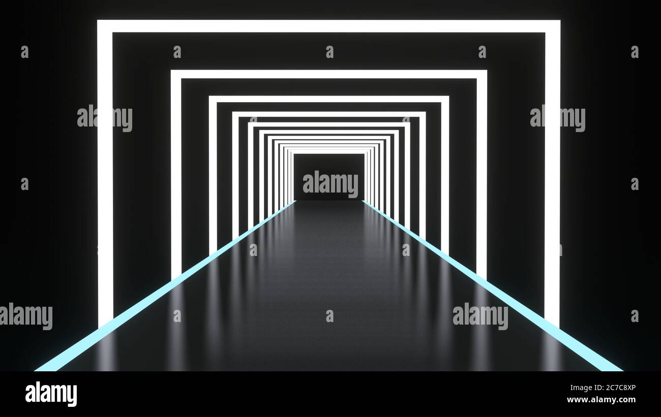 Abstract background glowing lines tunnel, neon lights, square portal ...