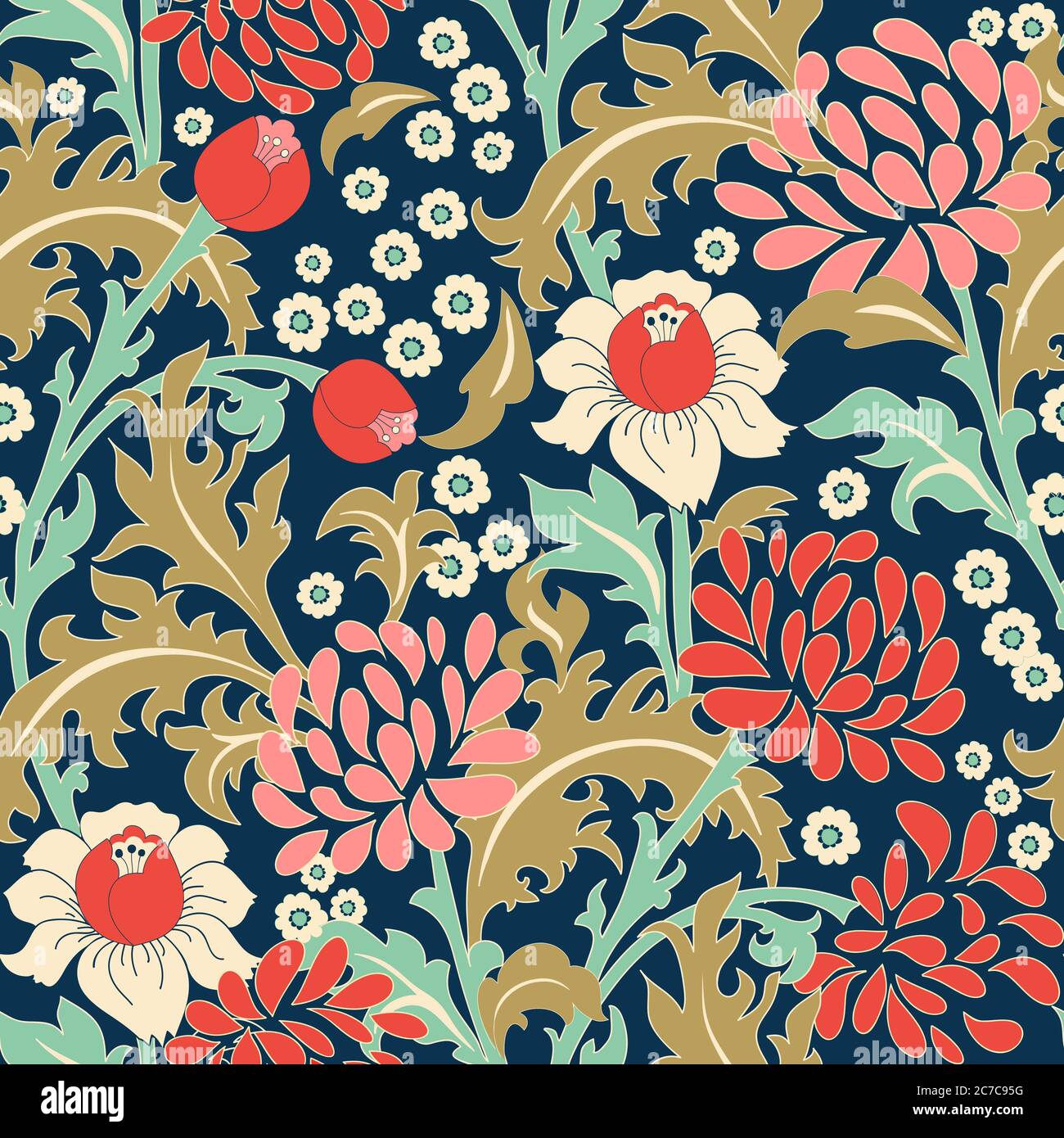 Seamless floral pattern in folk style with wildflowers, leaves. Hand ...