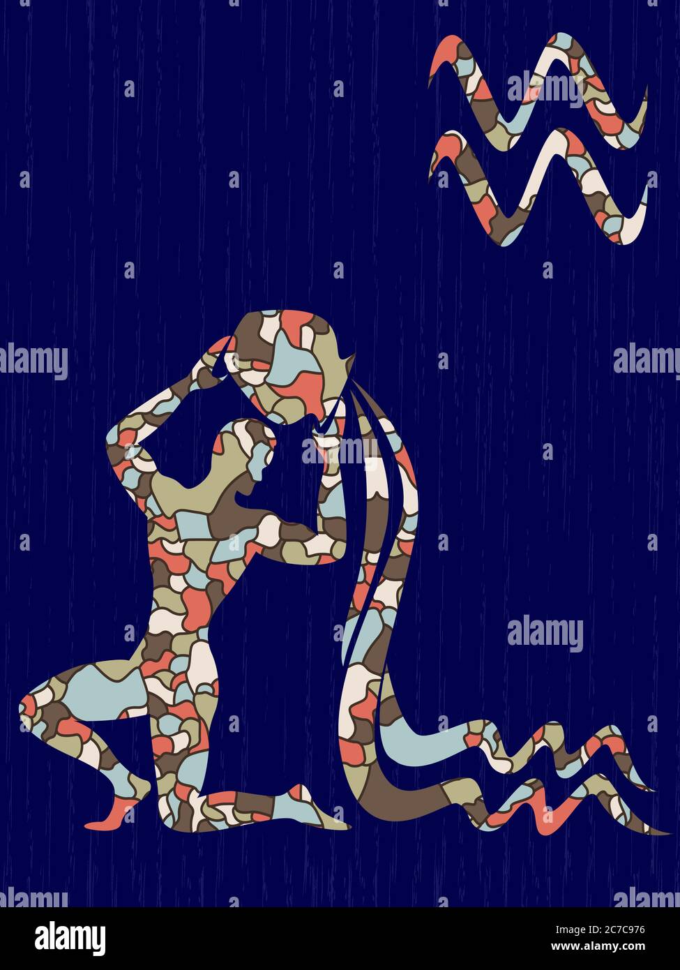 Zodiac sign Aquarius fill with colorful muted mosaic shapes on the dark