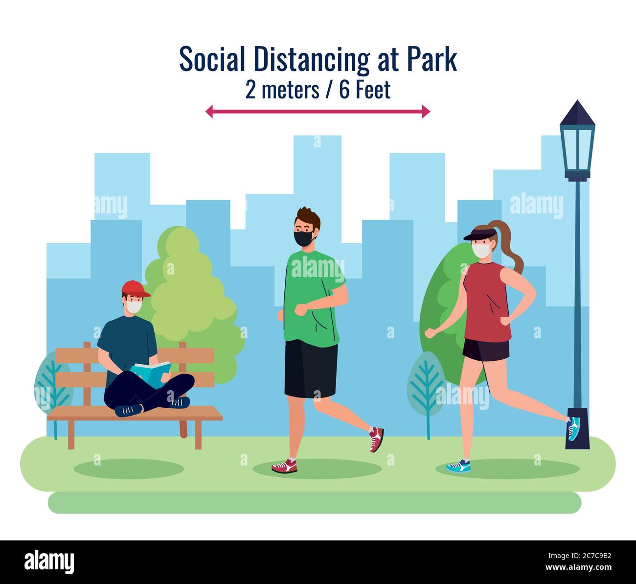 Social distancing between men and women with masks at park vector ...