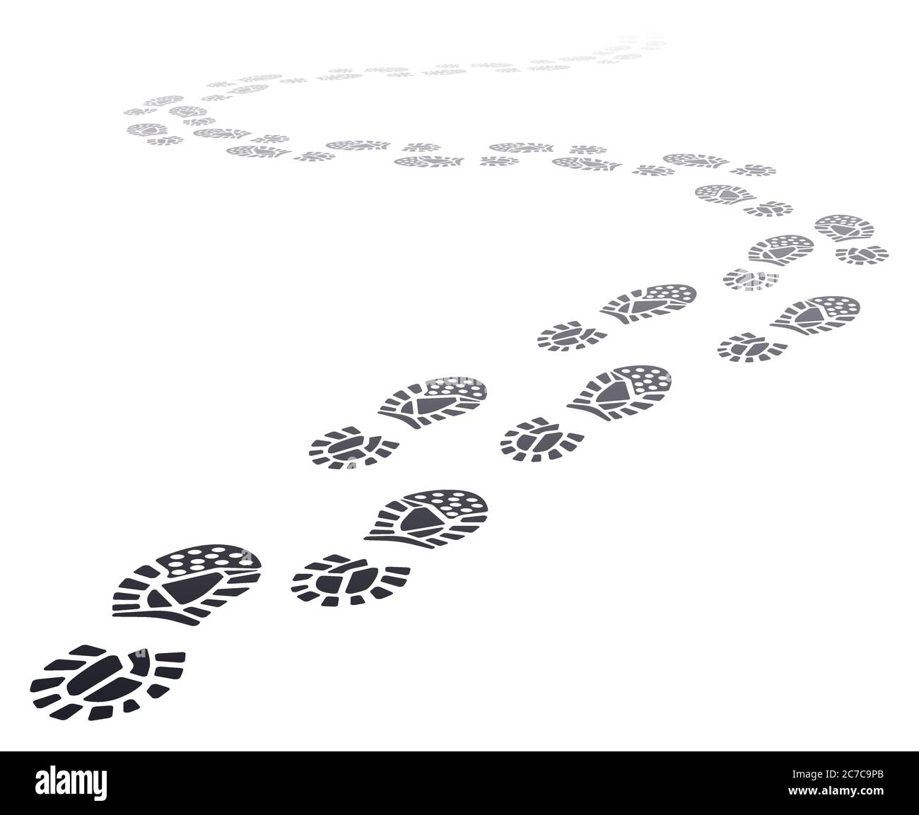 Walking far footprints. Outgoing footsteps perspective trail, walk away human foot steps silhouette, shoe steps track vector illustration Stock Vector