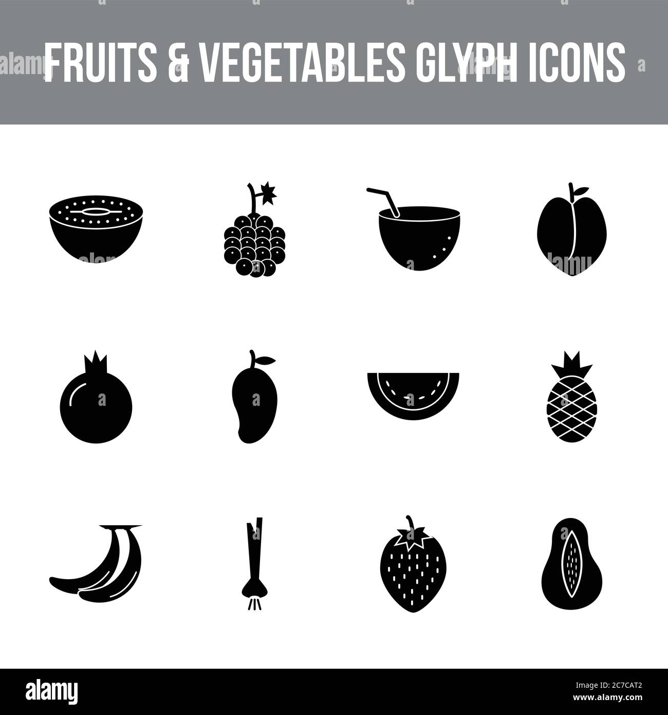 Unique fruits & vegetables vector glyph icon set Stock Vector