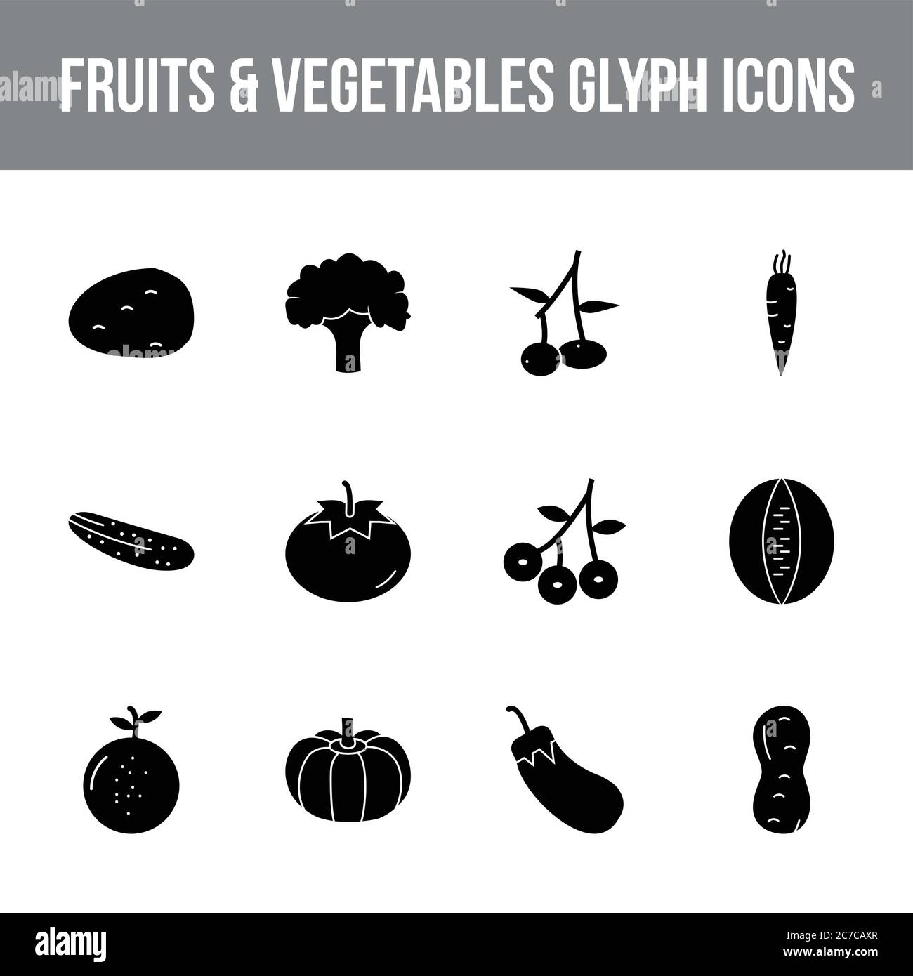 Unique fruits & vegetables vector glyph icon set Stock Vector