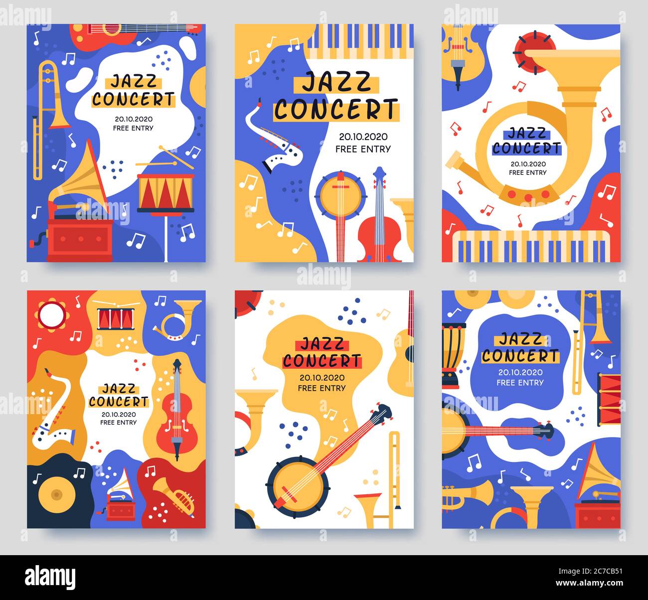 Music festival posters. Musical party or event music instruments abstract banner, jazz concerts invitation brochure, vector illustration set Stock Vector