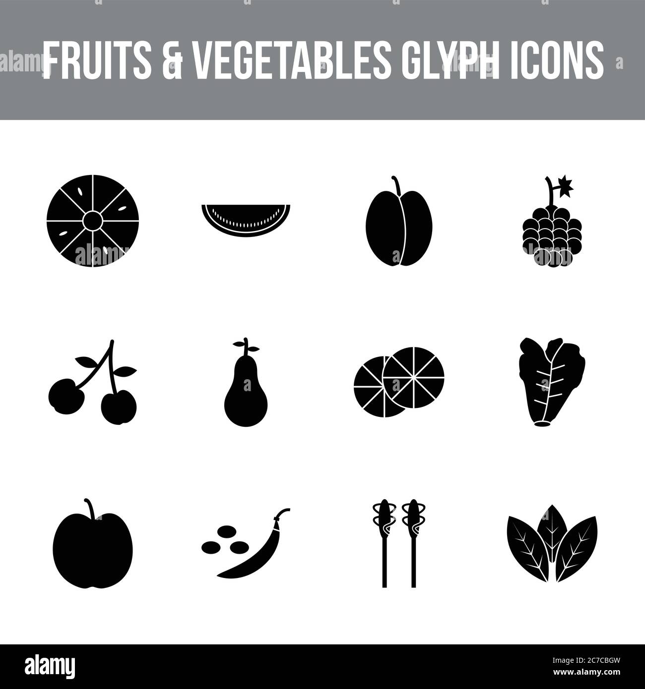 Unique fruits & vegetables vector glyph icon set Stock Vector