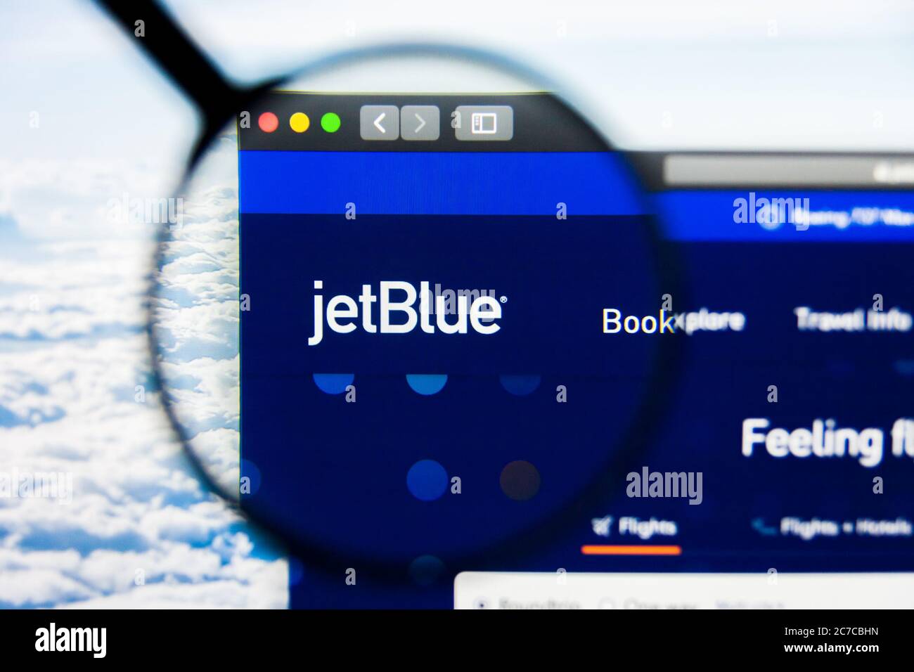 Los Angeles, California, USA - 21 March 2019: Illustrative Editorial of JetBlue website homepage. JetBlue logo visible on display screen. Stock Photo