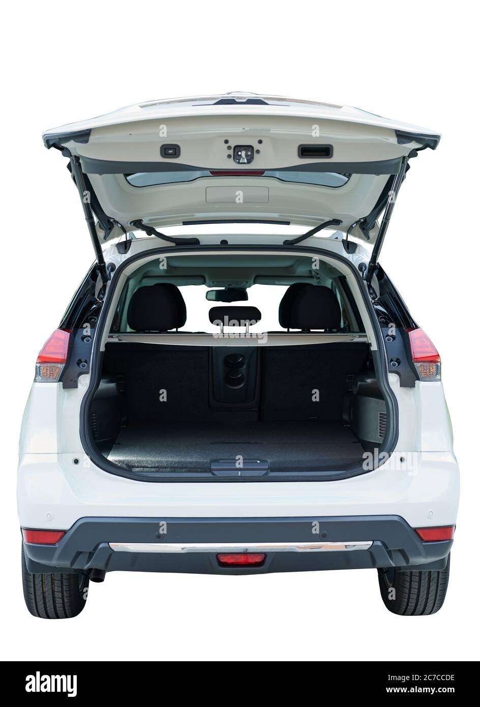 Open white suv car trunk back view isolated Stock Photo