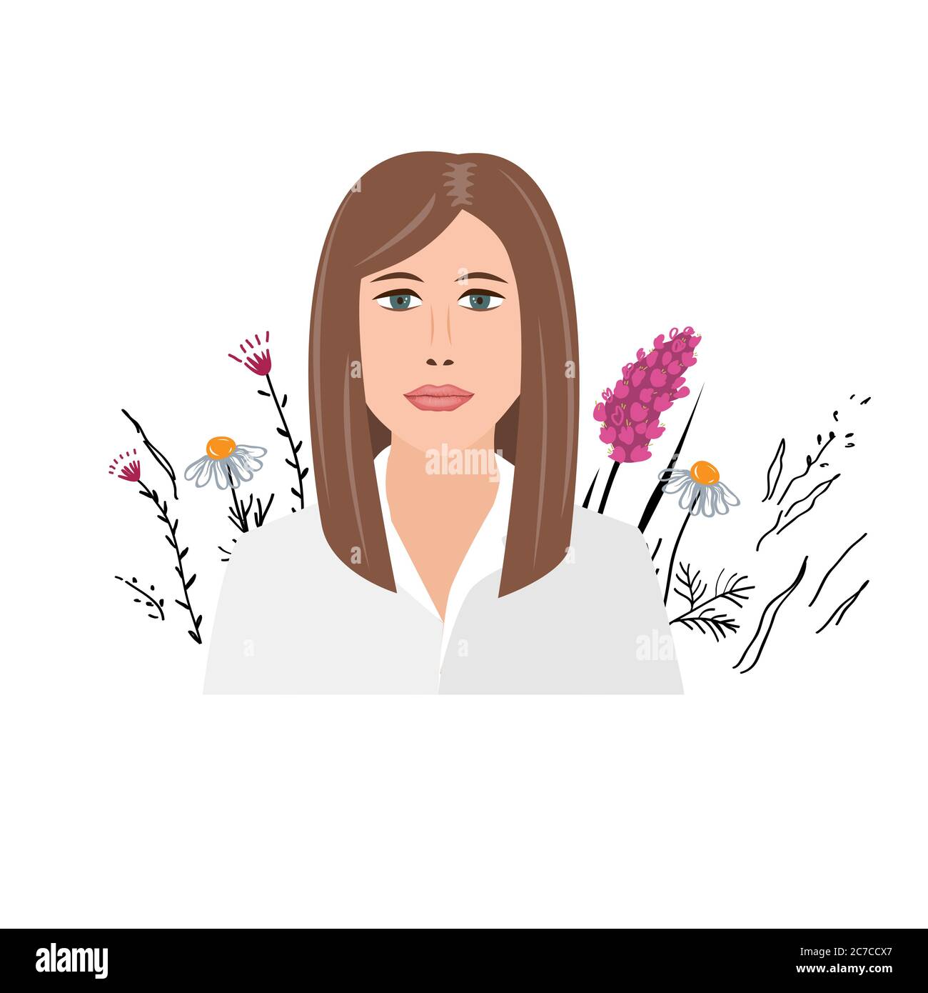 Beautiful young businesswoman portrait on wild flowers background. Self improvement concept. Female character, isolated vector illustration in cartoon Stock Vector