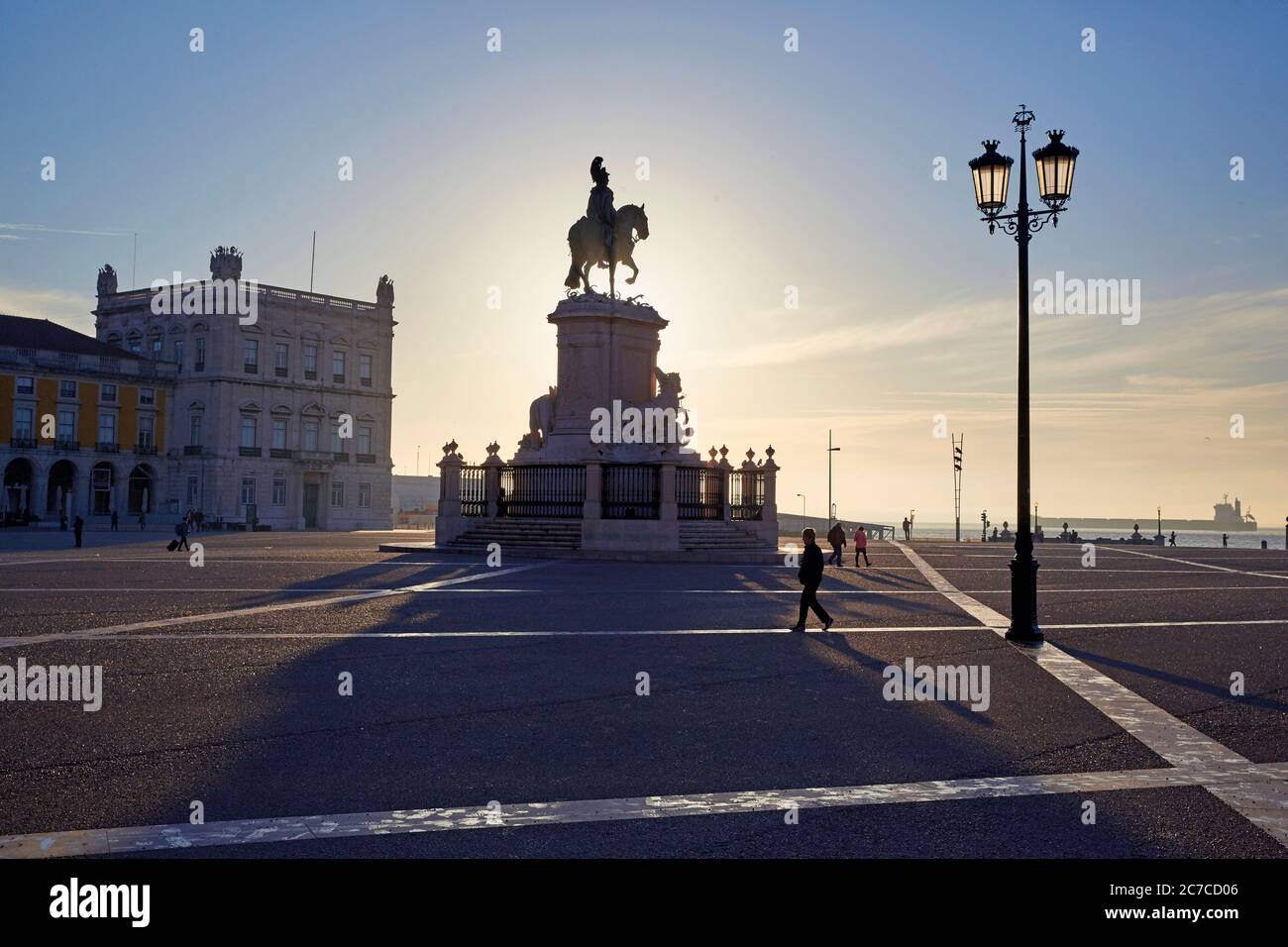 Statue of King Jose I on Praca de Commercial in Lisbon at sunrise Stock Photo