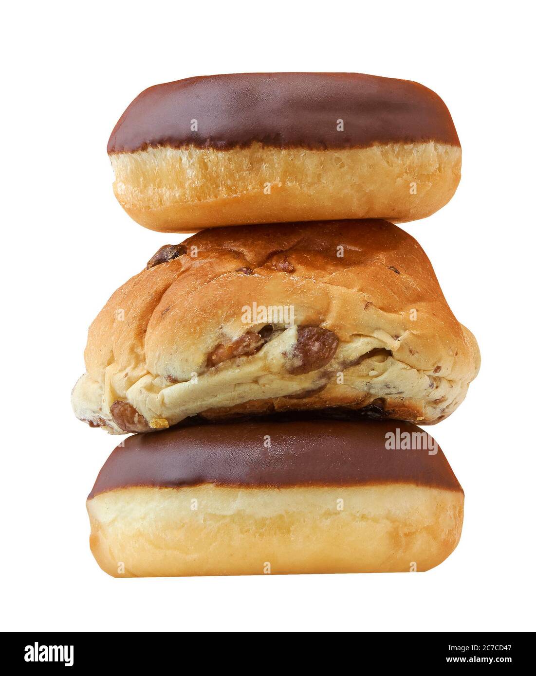 Donuts and a bun in a studio setting, isolated on white. Stock Photo
