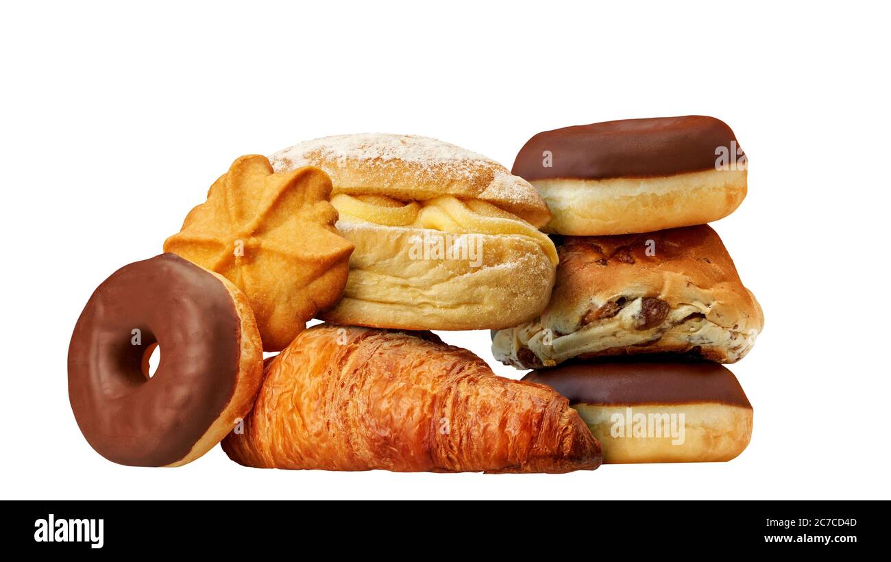 Donuts and pastries in a studio setting, isolated on white. Stock Photo