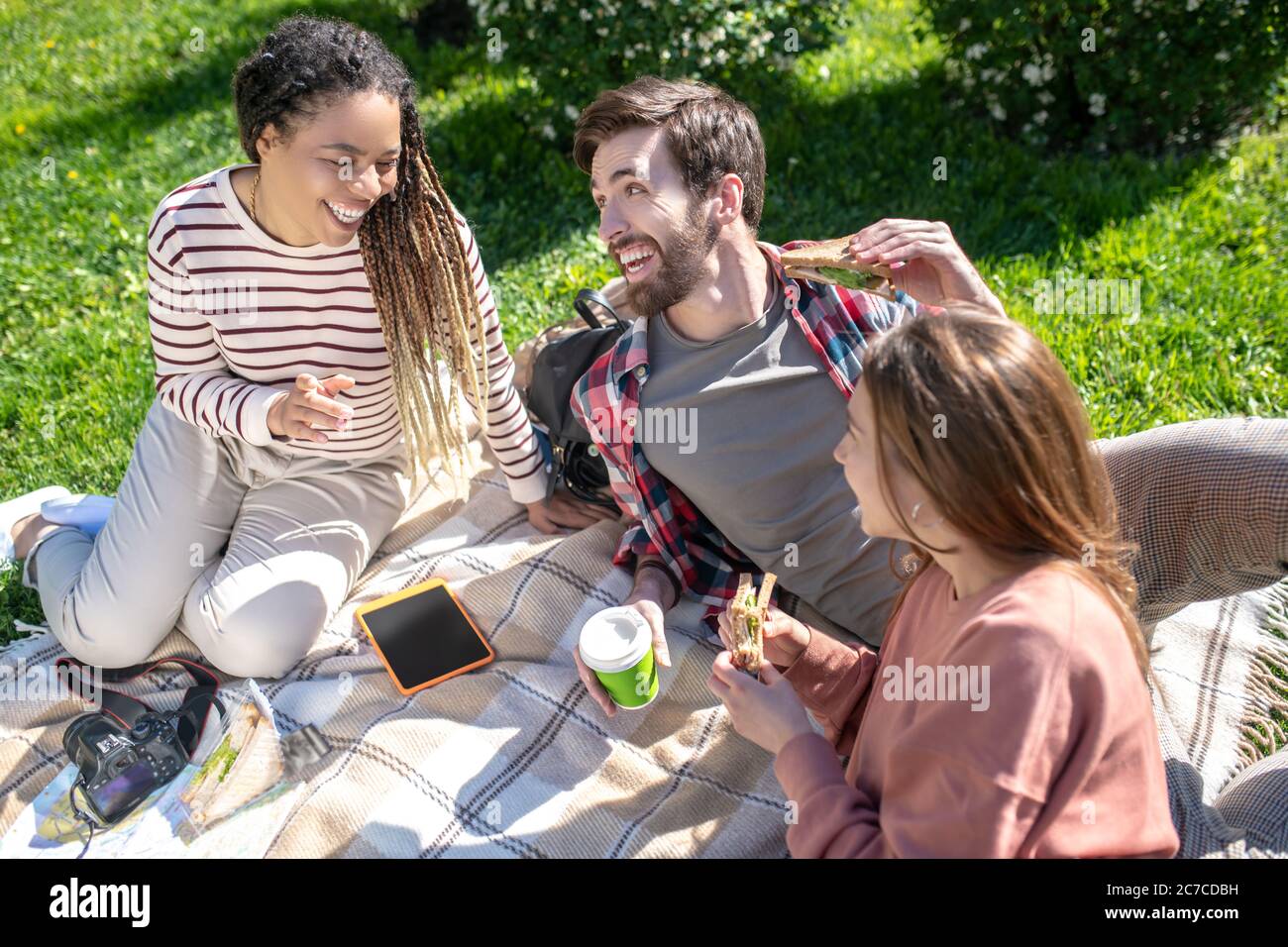 Young and happy friends having a picnic on the lawn Stock Photo