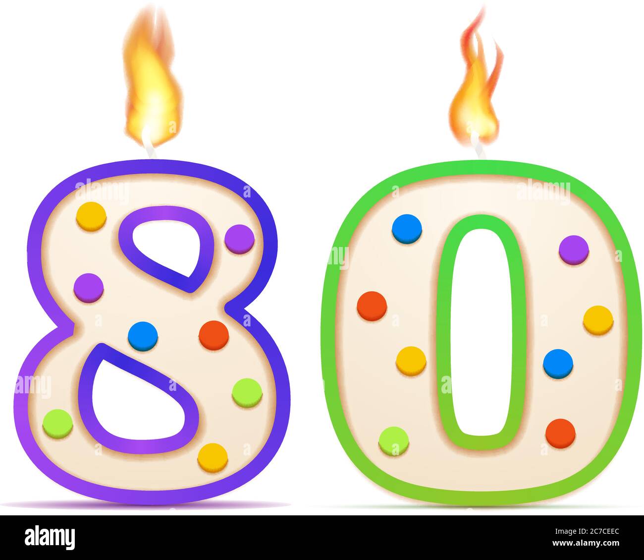 Eighty years anniversary, 80 number shaped birthday candle with fire on white Stock Vector
