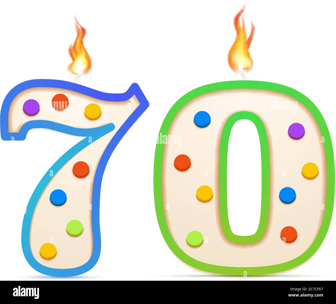 Seventy years anniversary, 70 number shaped birthday candle with fire on white Stock Vector