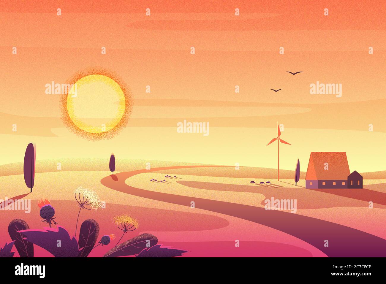 Solar rural landscape in sunset with hills, small house, wind turbine ...