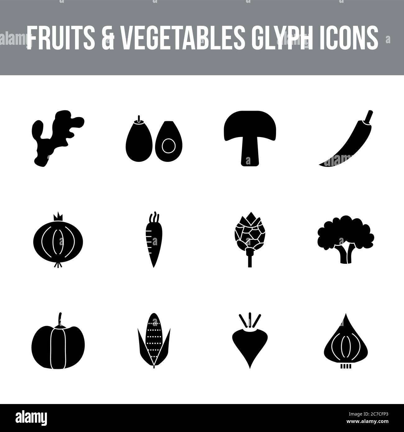 Unique fruits & vegetables vector glyph icon set Stock Vector