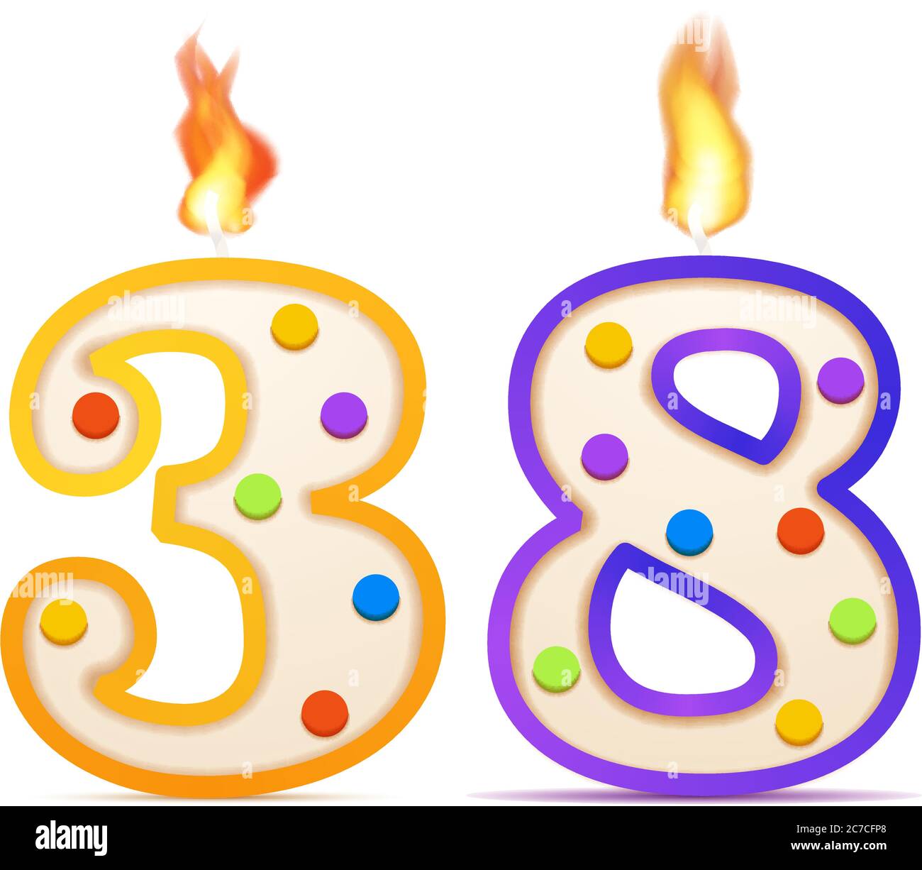 Thirty eight years anniversary, 38 number shaped birthday candle with fire on white Stock Vector