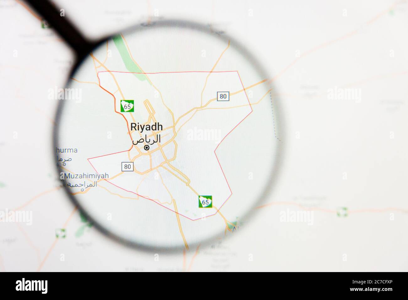 Riyadh, Saudi Arabia city visualization illustrative concept on display screen through magnifying glass Stock Photo