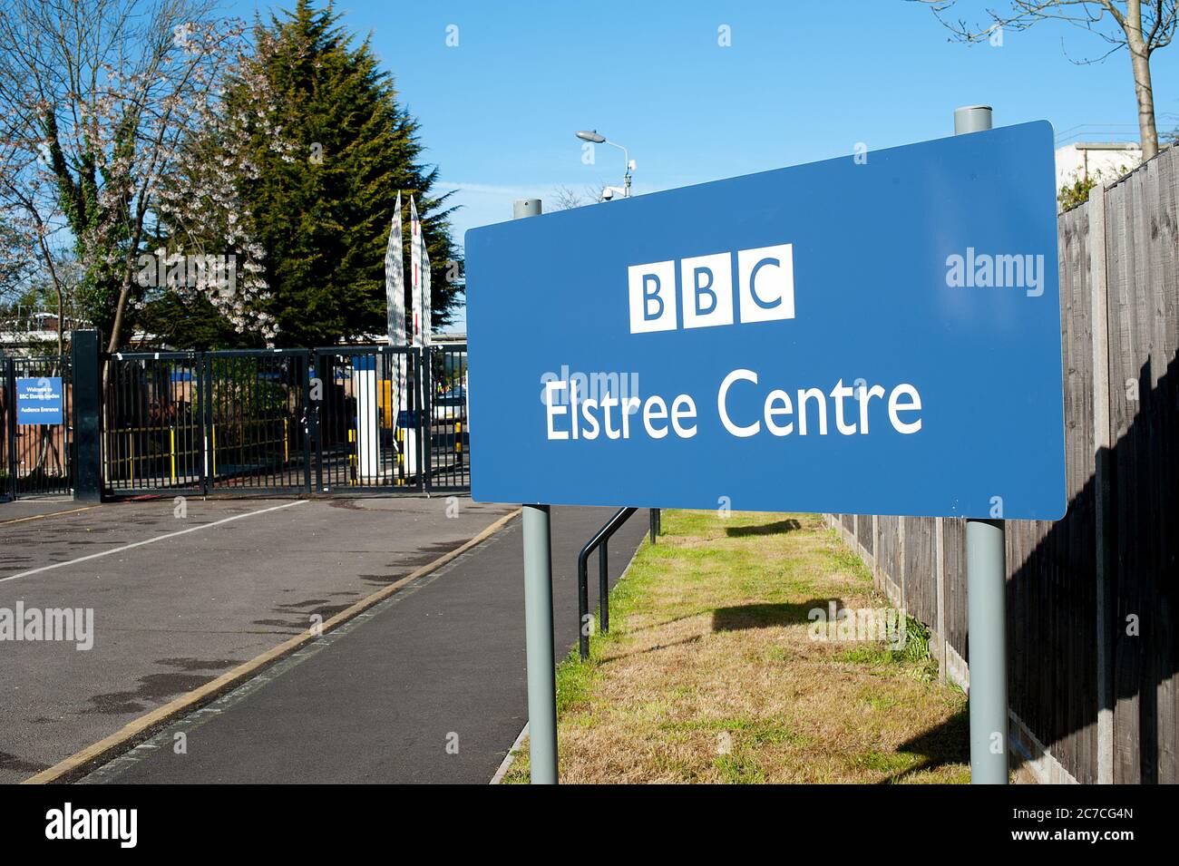 BBC Elstree Centre sign and entrance to the famous television studios, located at Borehamwood in Hertfordshire, England. Stock Photo