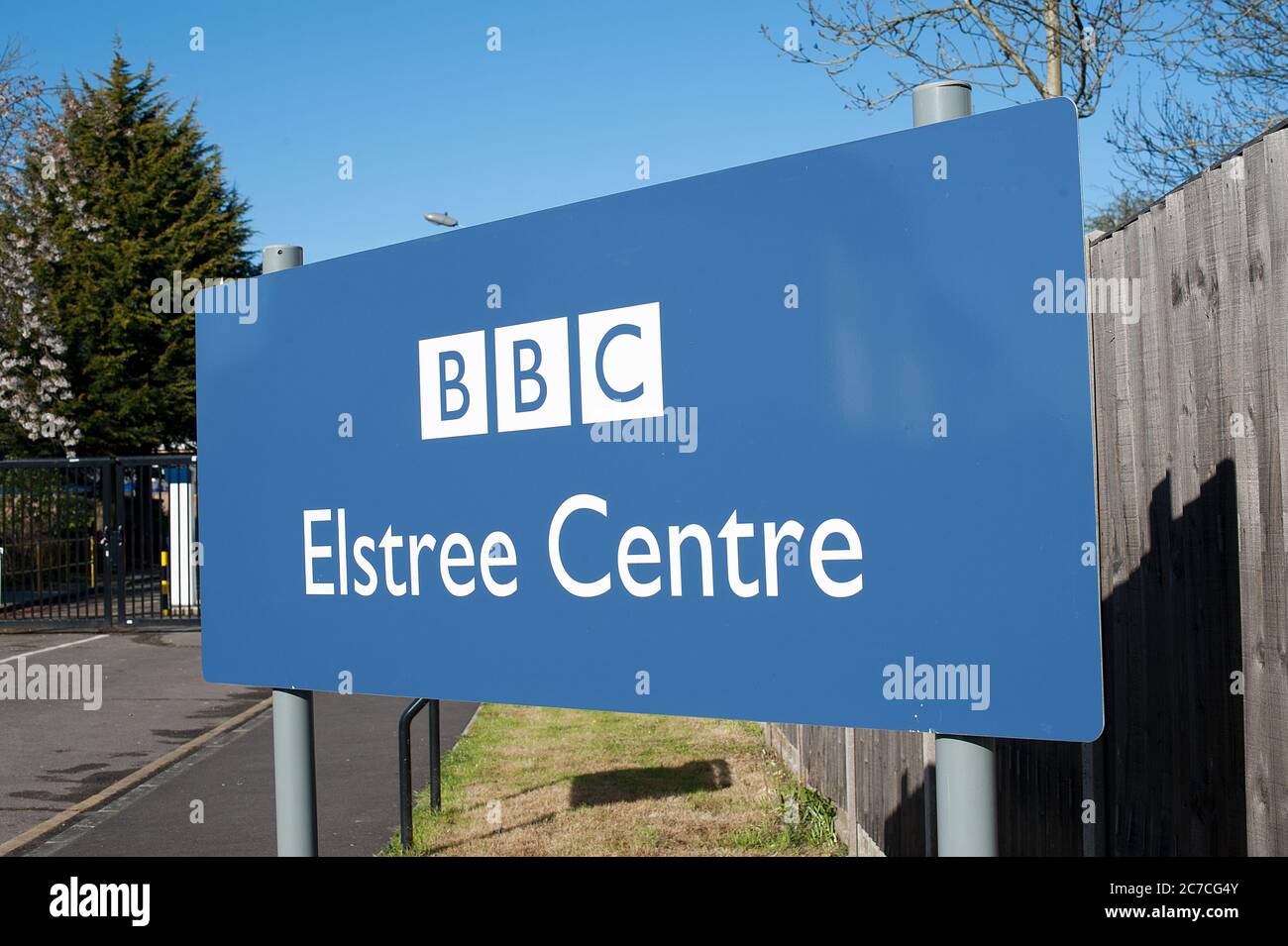 BBC Elstree Centre sign and entrance to the famous television studios, located at Borehamwood in Hertfordshire, England. Stock Photo