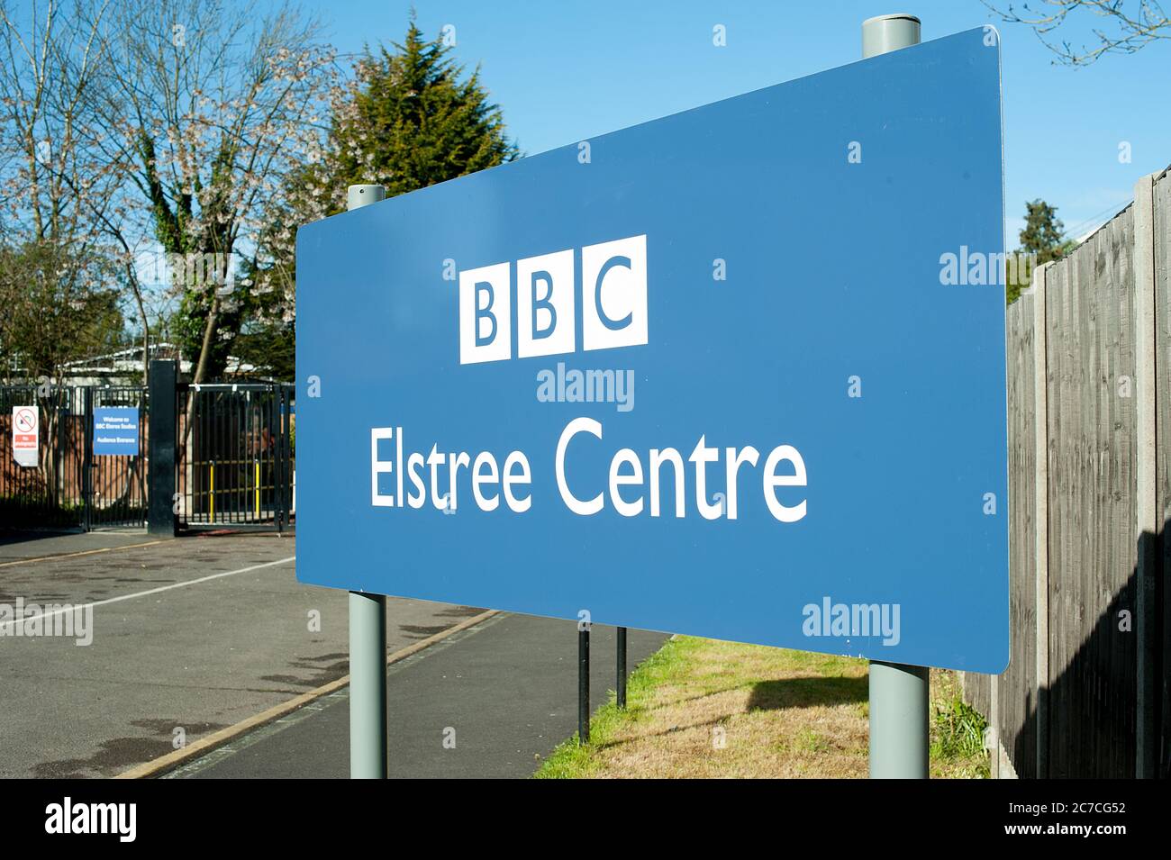 BBC Elstree Centre sign and entrance to the famous television studios, located at Borehamwood in Hertfordshire, England. Stock Photo