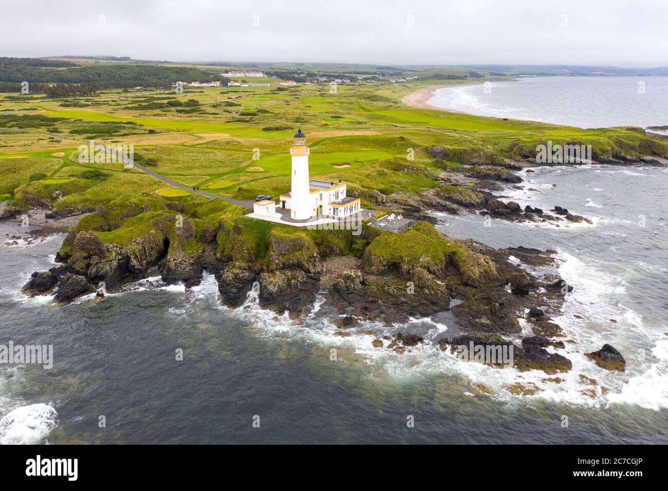 Aerial view from drone of Ailsa course at Trump Turnberry golf course in Ayrshire, Scotland, UK Stock Photo