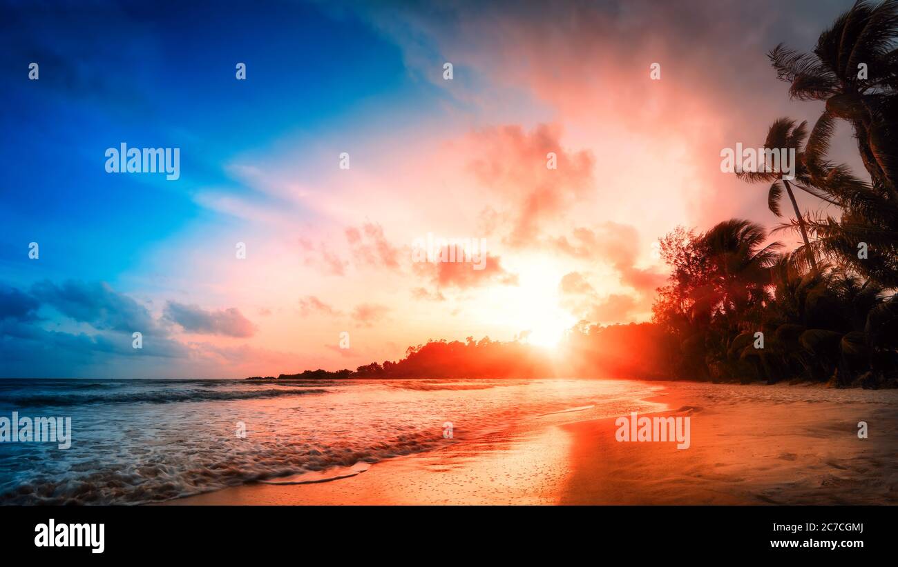 Scenic tropical beach at dusk, with vivid colors in the sky and the silhouettes of palm trees Stock Photo