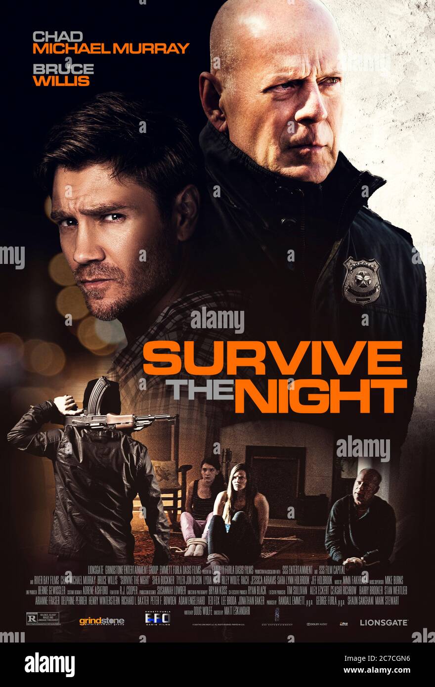 Survive the Night (2020) directed by Matt Eskandari and starring Bruce Willis, Chad Michael Murray and Shea Buckner. A doctor's family home is invaded by criminals on the run and one of them needs medical attention. Stock Photo