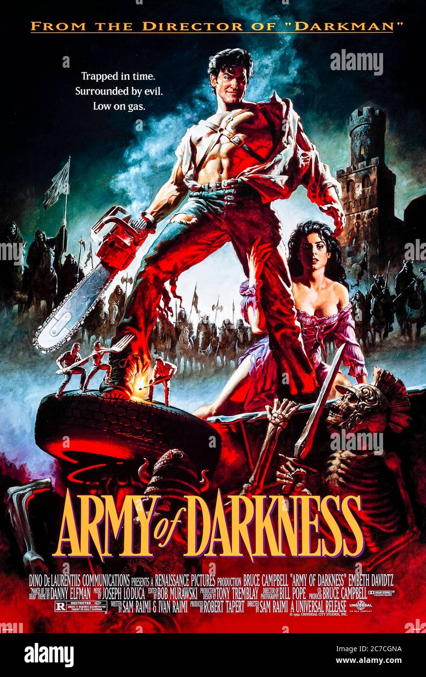 Army of Darkness (1992) directed by Sam Raimi and starring Bruce Campbell, Embeth Davidtz, Marcus Gilbert and Ian Abercrombie. Ash is back, way back to 1300AD where as the Chosen One he must retrieve the Necronomicon to return home. Stock Photo