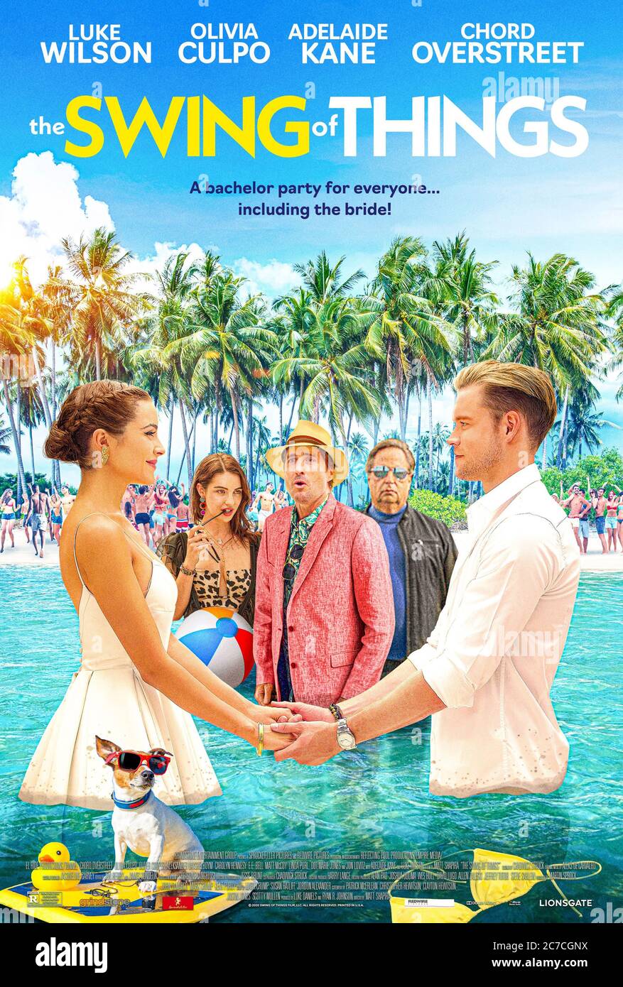 The Swing of Things (2020) directed by Matt Shapira and starring Chord Overstreet, Olivia Culpo, Luke Wilson and Adelaide Kane. A couple book their dream wedding and honeymoon only for a last minute change of venue to a swingers' resort in Jamaican. Stock Photo