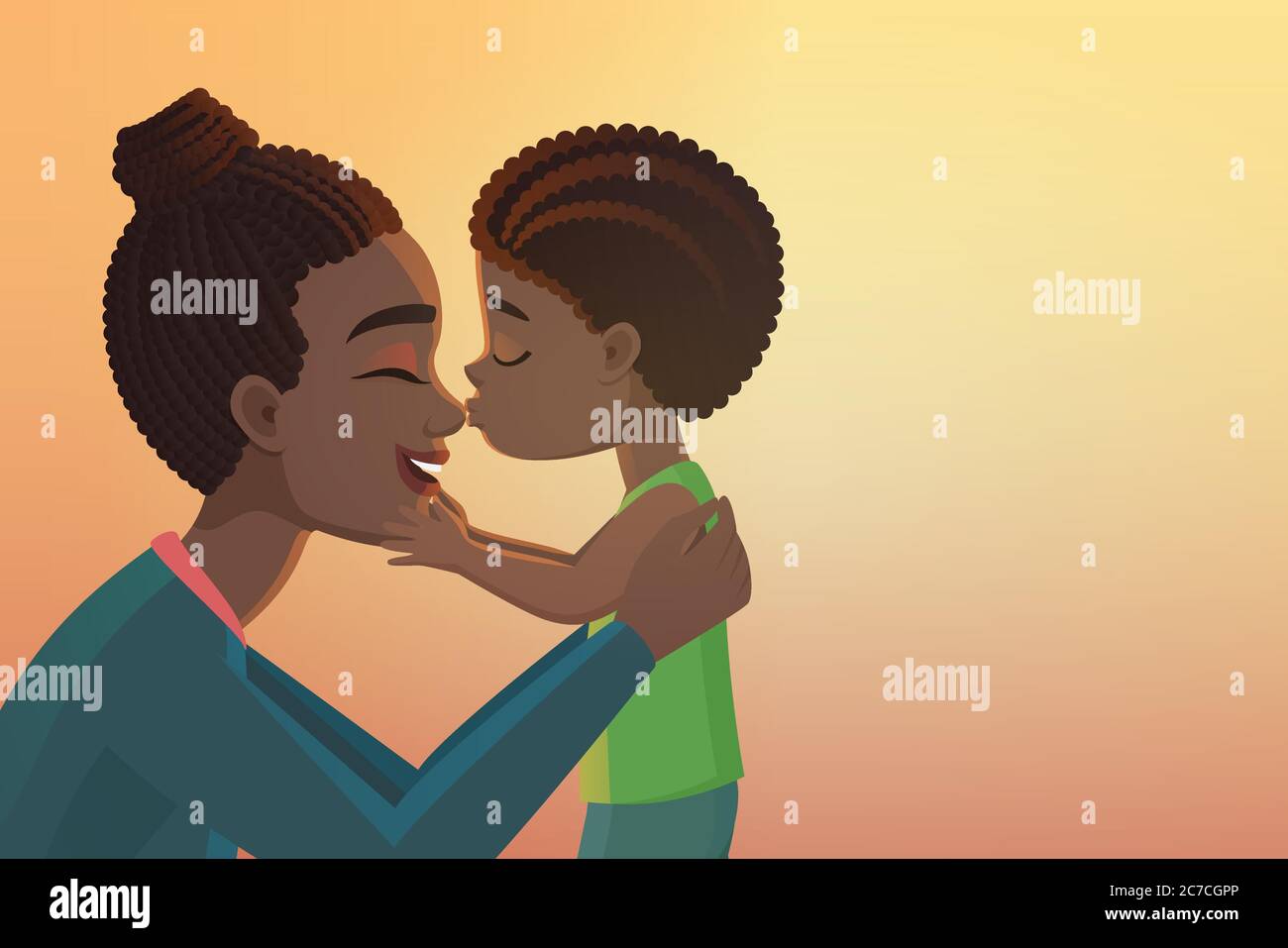 Cute little black african american boy kid kisses his happy mother cartoon vector illustration Stock Vector