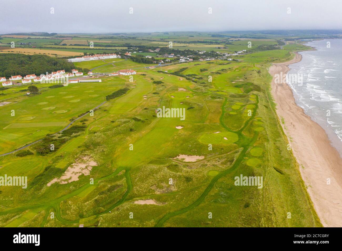 Aerial view from drone of Ailsa course at Trump Turnberry golf course in Ayrshire, Scotland, UK Stock Photo