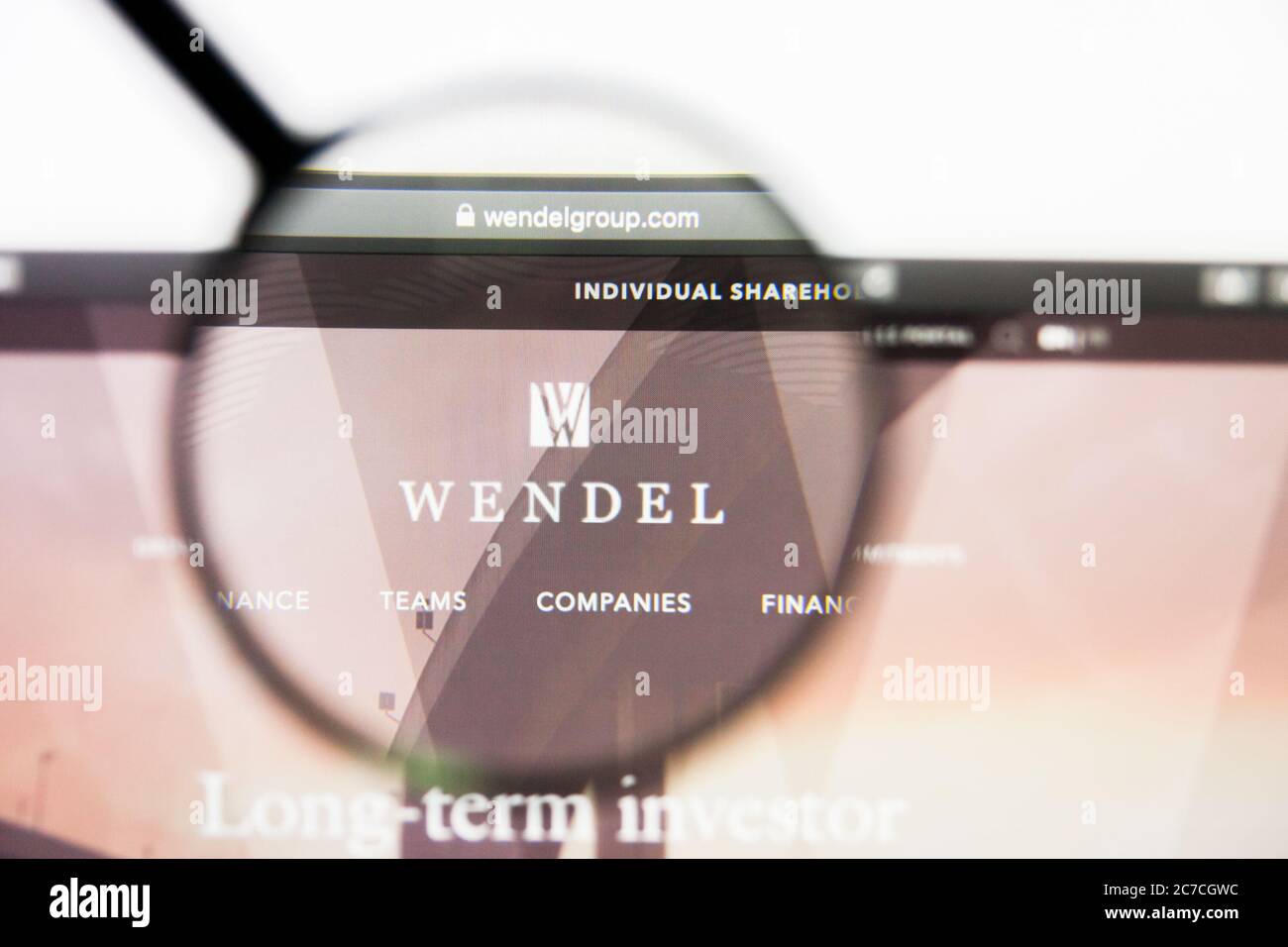 Los Angeles, California, USA - 23 March 2019: Illustrative Editorial of Wendel website homepage. Wendel logo visible on display screen. Stock Photo