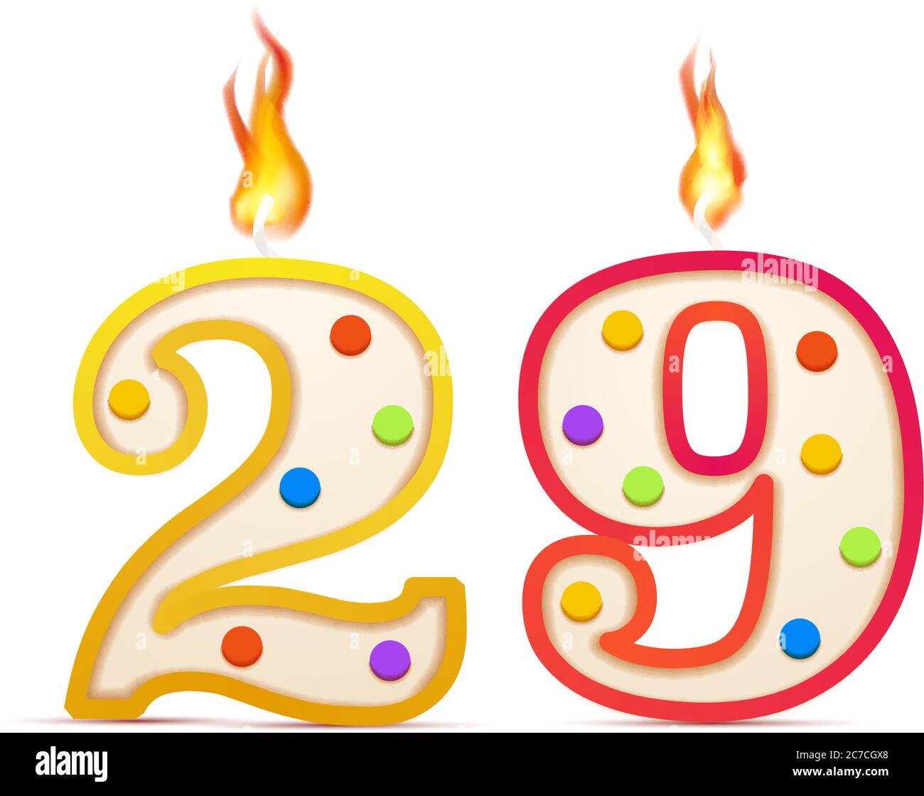 Twenty nine years anniversary, 29 number shaped birthday candle with fire on white Stock Vector