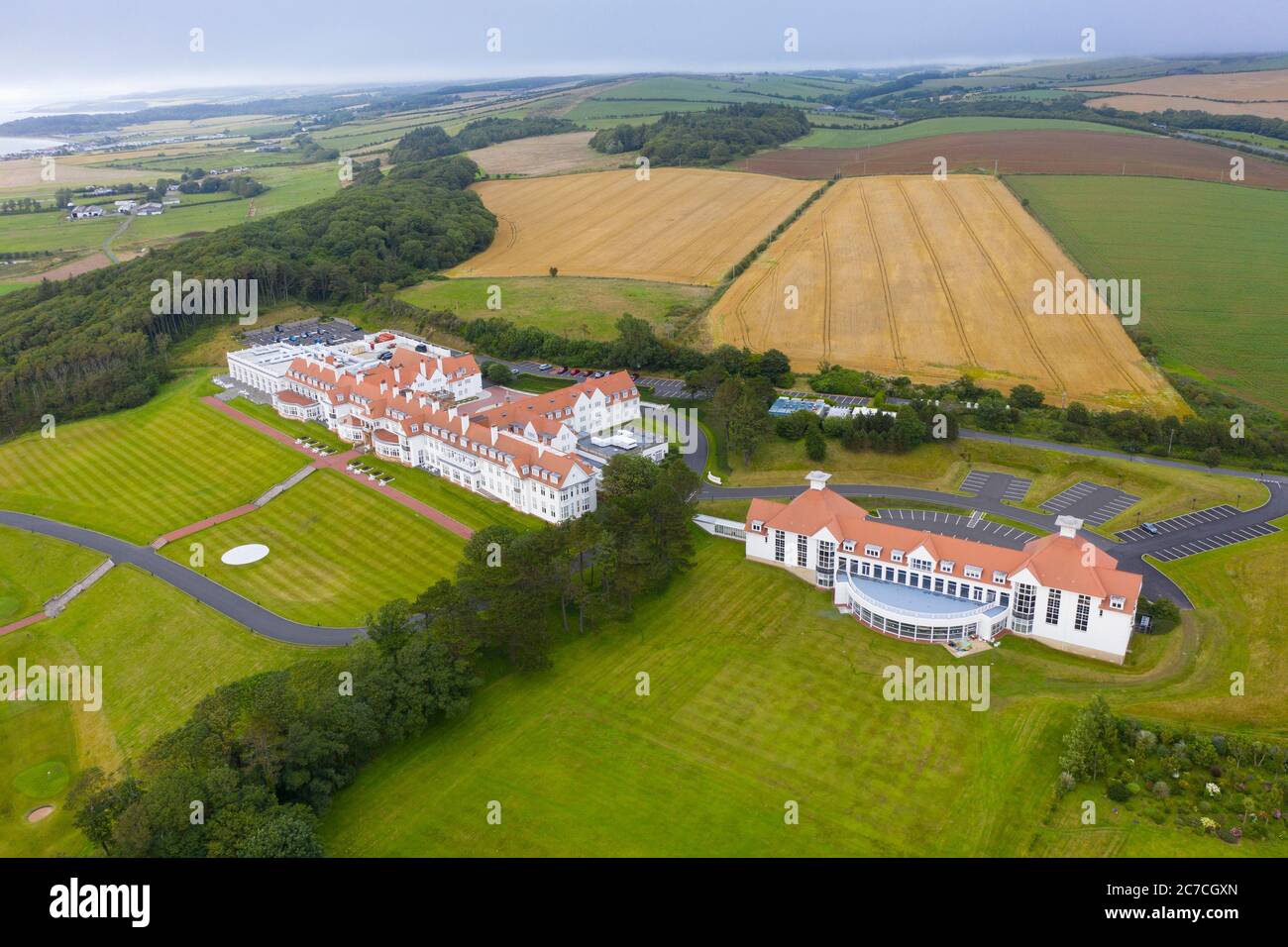 Aerial view from drone of hotel at Trump Turnberry golf course in Ayrshire, Scotland, UK Stock Photo