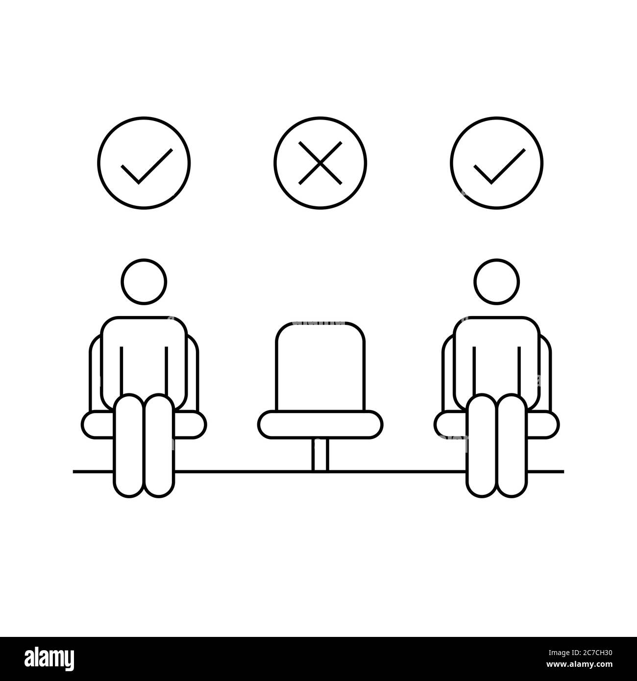 Movie theater reopen concept. Two men in seats with one empty chair. Social distancing in public places. Stick man line icon. Black outline on white Stock Vector