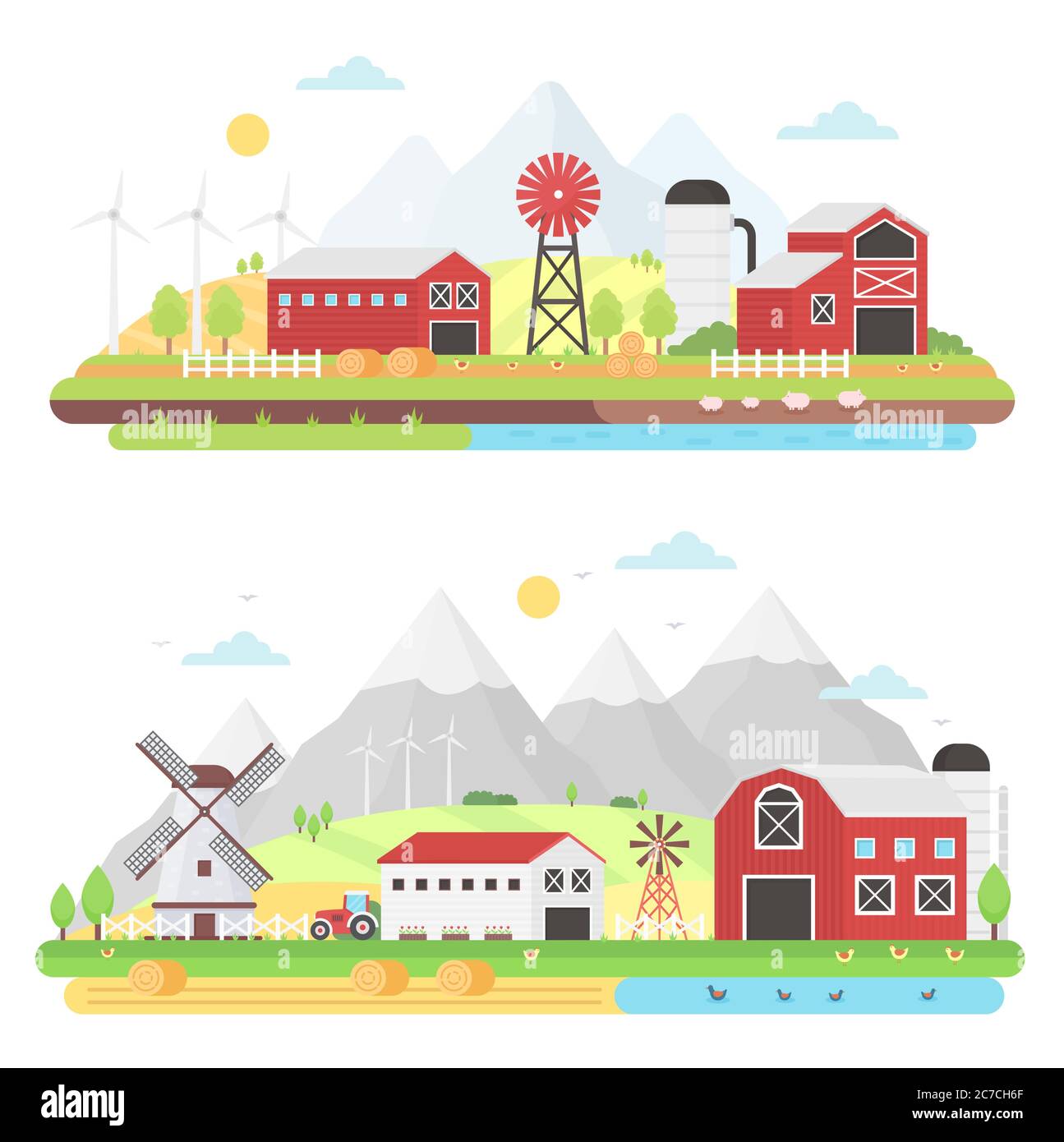 Agriculture agribusiness and Farming concept. Rural farm landscape vector illustration Stock Vector