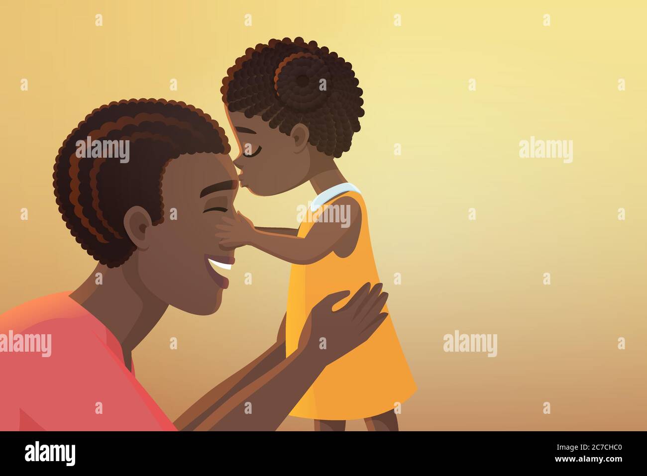 Cute little black african american daughter girl kid kisses her happy father dad cartoon vector illustration Stock Vector