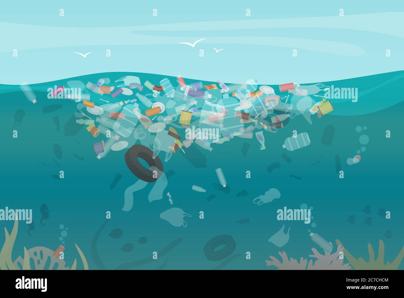 Plastic pollution trash underwater sea with different kinds of garbage - plastic bottles, bags, wastes floating in water. Sea ocean water pollution concept vector illustration Stock Vector
