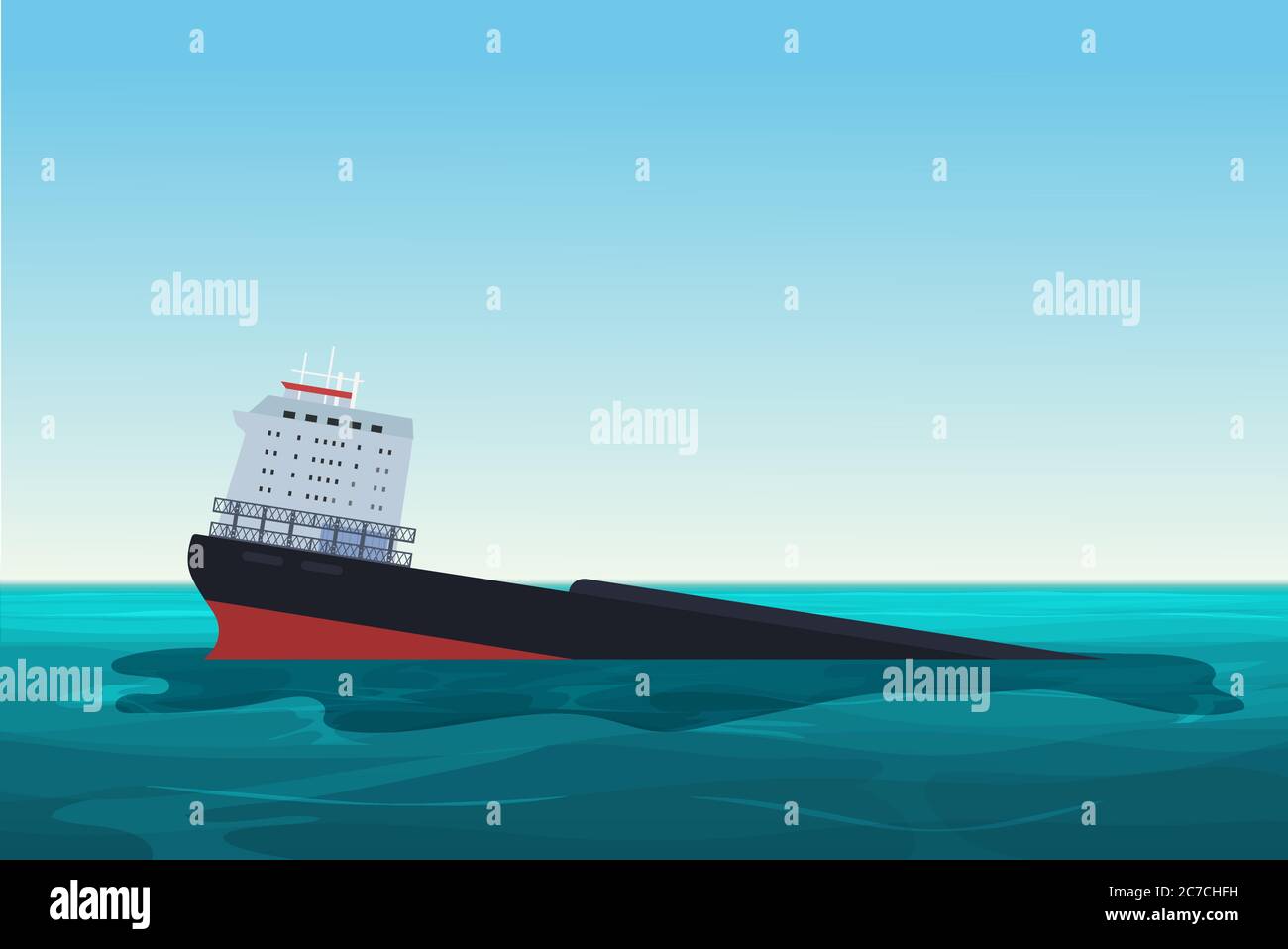 Wrecked oil tanker ship. Oil spill accident. Pollution Environment concept vector illustration Stock Vector