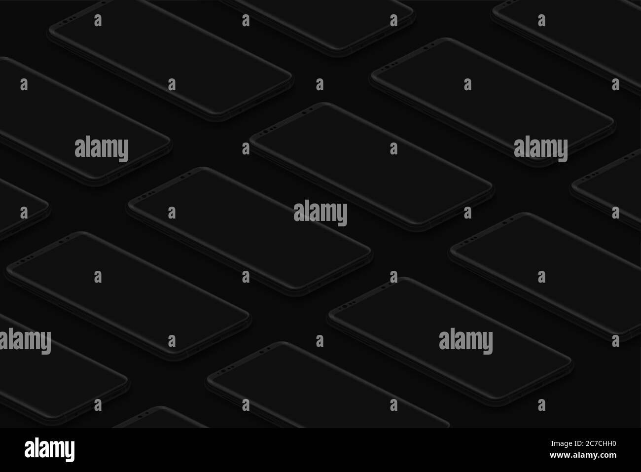Black isometric realistic smartphones grid. Dark phones template for inserting UI interface or business presentation. Floating vector mock up design Stock Vector