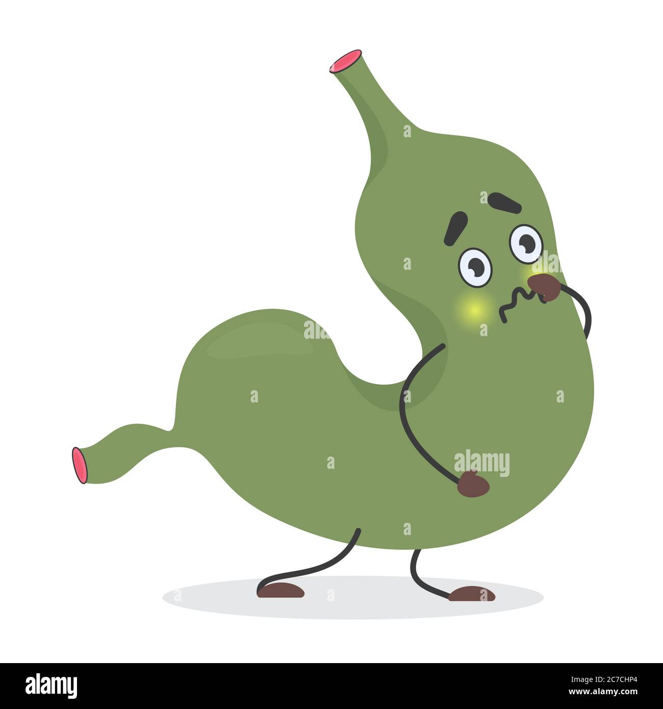 Cute green stomach character unhappy pain emotion. Nausea stomach